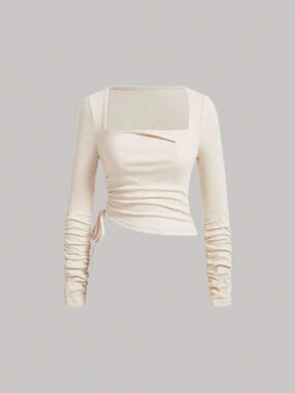 Drawstring Pleated Long Sleeve Slim Fit Square Neck Stretch Top